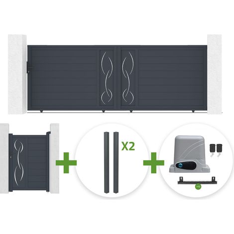 Portail coulissant 4m LIFE H.140cm gris + Portillon 1m LIFE H.140cm gris + 4 poteaux ELDA + motorisation Ranger C300 (1/5)