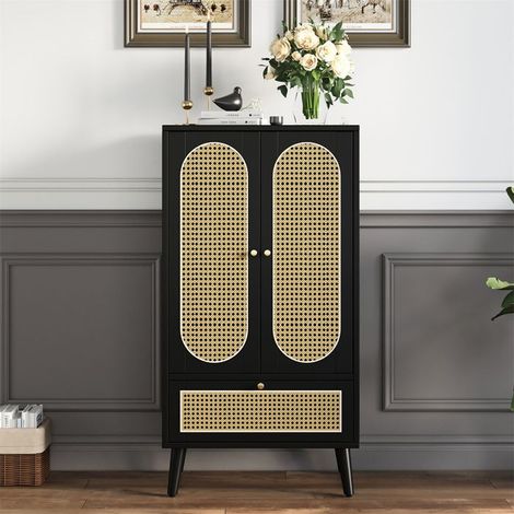 Buffet haut compact 60 x 40 x 110,5 cm noir rotin – 2 portes & 1 tiroir, capacité 50 kg (1/5)