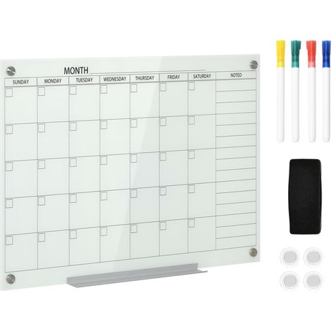 Pizarra de calendario de vidrio blanca 90 x 60 cm con 4 rotuladores y borrador (1/5)