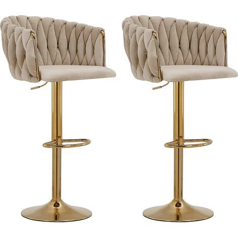 Lot de 2 tabourets de bar en velours et métal doré - Hauteur réglable - Beige - ELEGANO (1/5)