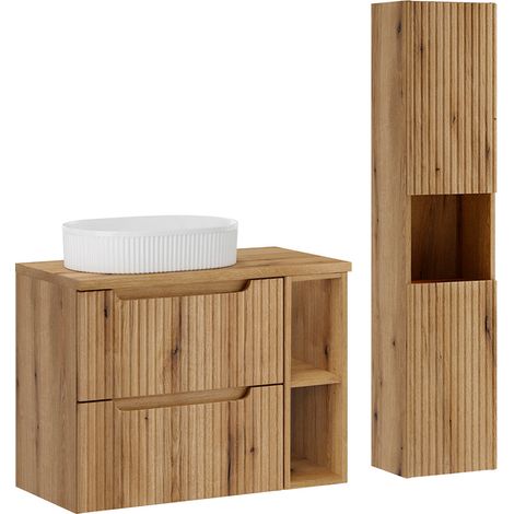 Waschtisch Set Einzelwaschbecken 80cm 2 Schubladen 2 Fächer und Hochschrank Riva Holz (1/5)