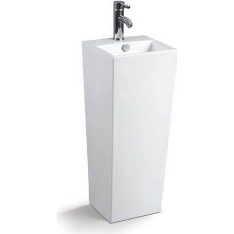 Rue Du Bain – Lave main totem carré en céramique blanc brillant – Dimensions 33x32x84 cm – Plage de robinetterie percée – Pour espaces modernes (1/3)