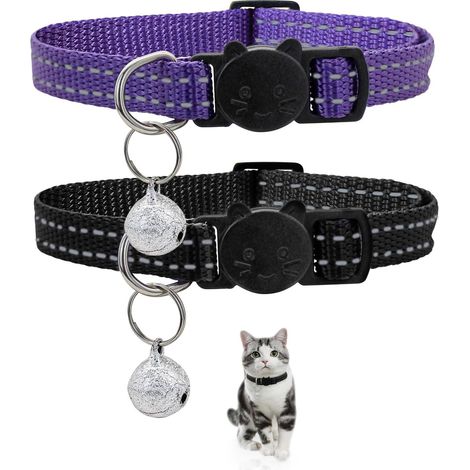 Collier pour chat, 2 colliers réfléchissants, avec fermeture rapide sécurisée, boucle et clochette, réglable, 22 à 35 cm, pour chats et chiens, violet et noir (1/5)
