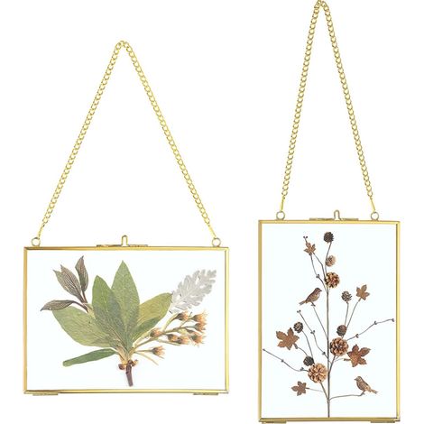 Lot de 2 cadres photo en verre et métal à suspendre - Pour fleurs pressées - Cadre en verre uniquement - Doré 13 x 18 cm rectangulaire (1/5)