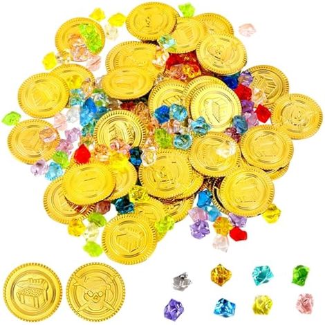 Trésor de pirate : 150 pièces (100 pierres factices + 50 pièces d'or en plastique) - Kit de chasse au trésor pour fête Halloween thème pirate, pour enfants.