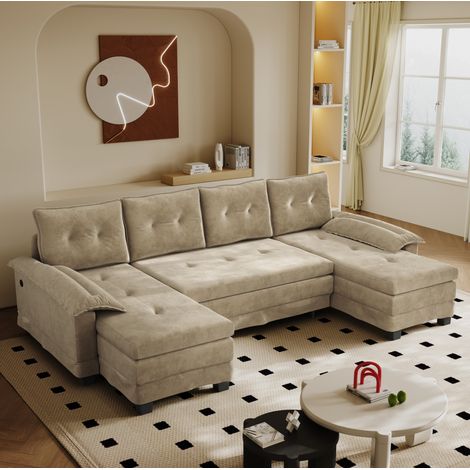 sofá cama modular en U chenilla camel 278 cm OKMYHOME (1/5)