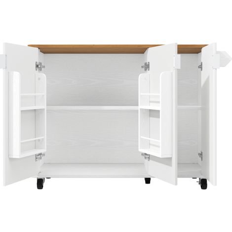 Isla de cocina MDF blanco 130 x 45/75 x 92 cm con ruedas, 3 puertas (1/5)