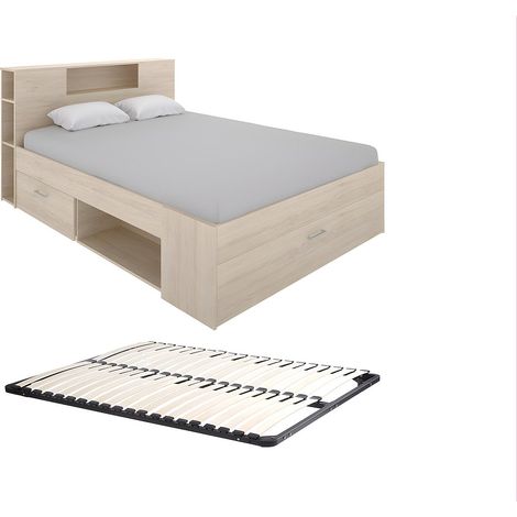 Lit avec tête de lit rangements et tiroirs - 140 x 190 cm - Coloris : Naturel + Sommier - LEANDRE