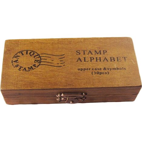 Coffret vintage en bois avec tampons à lettres et fermoir en laiton, 30 pièces - version majuscules (1/5)