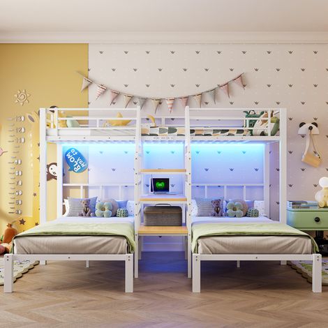 Lit superposé 90x200, 3 couchages, lumière LED, échelle avec rangement, ports USB et prise, bureau et étagère, sans matelas, blanc. (1/5)