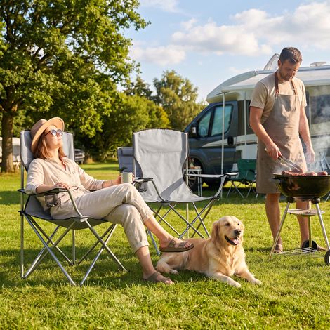 Ensemble de 2 chaises de camping à dossier haut en métal et tissu Oxford, grises (1/5)