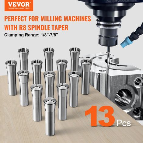 Pinces de Serrage de Précision R8 13PCS 1/8''-7/8'' 3,2-22,2 mm Acier Carbone 45 TIR 0,0012"/30 μm avec 13 Boîtes de Rangement Éti… (1/5)