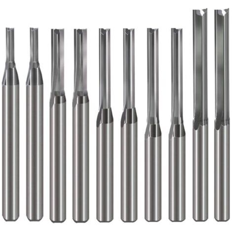 Set di 10 frese dritte da 1/8" (CED 1,0 mm, 1,5 mm, 2,0 mm, 2,5 mm, 3,175 mm) a 2 taglienti, a doppio filo, in acciaio al tungsteno CNC per legno, MDF, acrilico