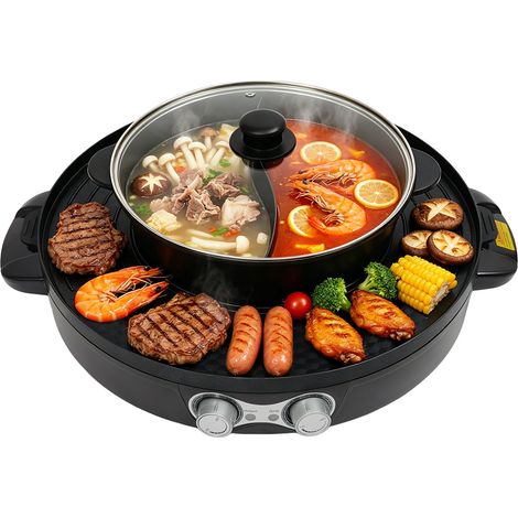 Fondue chinoise et barbecue coréen 2-en-1, 220V 2200W - Marmite double compartiment avec plaque grill, antiadhésif, couvercle en verre, noir, pour maison et restaurant (1/5)