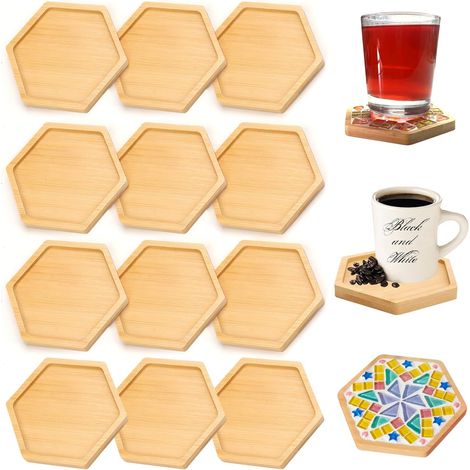 Lot de 12 dessous de verre hexagonaux en bambou de 10 cm - Dessous de verre en bambou vide pour bricolage mosaïque - Dessous de verre et de tasses (1/5)