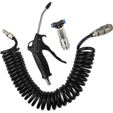 Soufflette Air Comprimé Kit Noir Avec Tuyau Spiralé PU 5 M, Buse Inox, Raccord Rapide + Connecteur En T, Soupape D’étanchéité PPS, Pour PC Auto Meubles Nettoyage D’air (1/5)