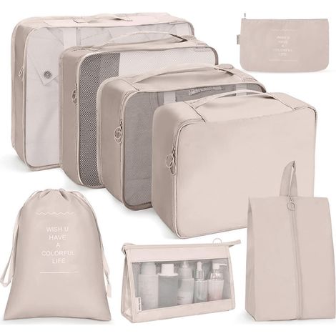 Lot de 8 Rangements Valise, Packing Cubes, Étanche, Beige, Voyage, Compression, Organiser, Habillement (1/5)