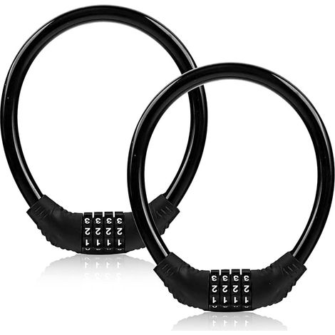 Câble antivol pour vélo, antivol haute résistance, lot de 2, combinaison à 4 chiffres réinitialisable, câble antivol portable pour vélo, noir (1/5)