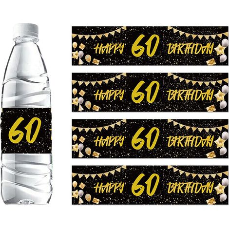 [60 Jahre 48 Aufkleber/Packung] Dekorative Aufkleber für Geburtstagsflaschen (30, 40, 50, 60 Jahre) – Schwarz und Gold (1/2)