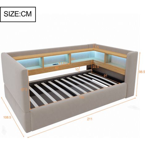Canapé-lit hydraulique 90x190cm avec éclairage LED, prises intégrées et nombreux rangements, lit coffre multifonction, gris foncé (1/5)