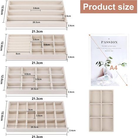 8 x Plateau Bijoux en Velours Organisateur de Bijoux Tiroir Femme Rangement Bijoux Tiroir Organiseur Rangement Collier Boîtes à Bijoux présentoirs pour Boucles D'oreilles Chaîne Beige 2112,5cm (1/4)