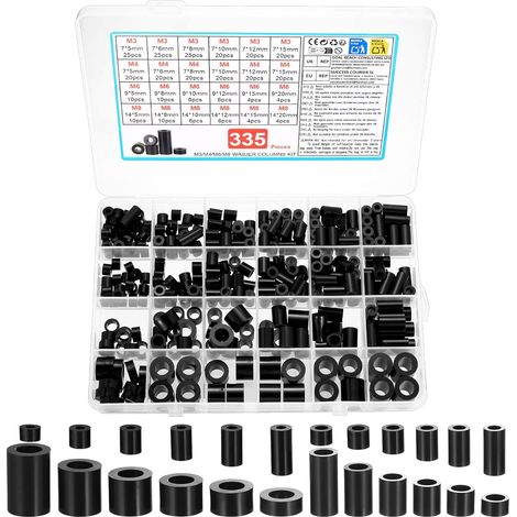 335 Pcs Entretoise Plastique Abs, M3 M4 M6 M8 Rondelles Rondes en Nylon 24 Tailles Entretoises Manchons, Rondelles D'Espacement Rondes, Rondelle Isolantes Non Filetées Pour Vis Circuits Imprimés (1/5)