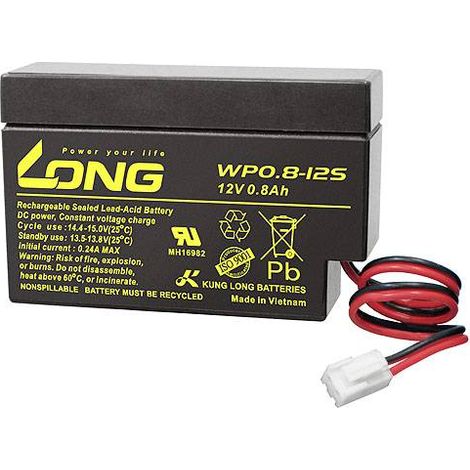 Long WP0.8-12S WP0.8-12S Batterie au plomb 12 V 0.8 Ah plomb (AGM) (l x H x P) 96 x 62 x 25 mm connecteur JST auto-décharge réduite, sans entretien Y860672 (1/2)