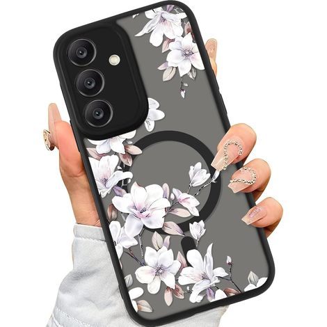 Magnétique Coque pour Samsung Galaxy A16 5G, Aesthetic Fleurs Motif Filles Étui Compatible avec MagSafe, Translucide Mat Case Mince Silicone TPU + PC Antichoc Housse pour Samsung A16, Noir 06 (1/5)