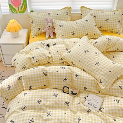 Bettwäsche-Set 140x200 cm kariert mit Herzen und Schleifen, Mikrofaser, OEKO-TEX zertifiziert