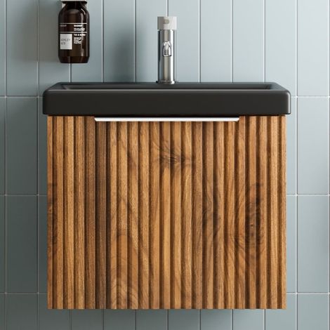 Fluted 500mm Bathroom Vanity Unit Basin Wall Hung Cupboard Soft Close Walnut (1/5)