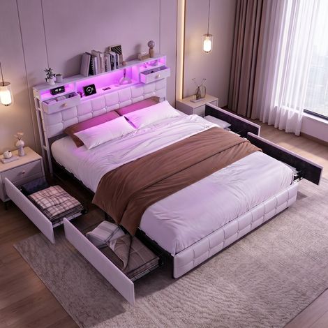 Letto matrimoniale 140x200 cm – Letto per adulti – Testiera con contenitore – 4 cassetti – Luce LED RGB – Porte USB e elettriche – Rete a doghe – Velluto beige (1/5)