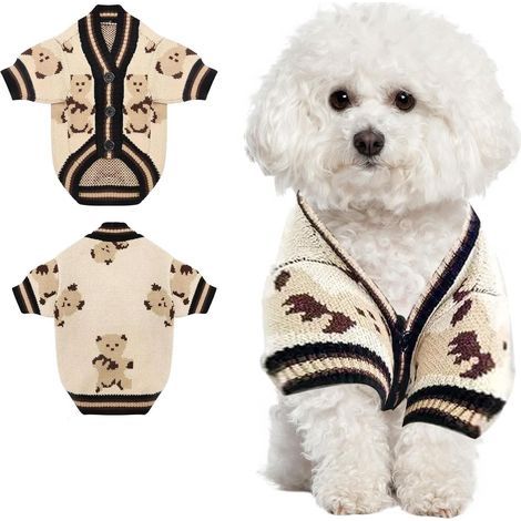Valentinstag-Hundepullover, gestrickter Hundepullover, warme Hundekleidung in kleinen Größen, Bären-Hundepullover, Welpen-Cardigan, Welpenmantel, Pullover (Beige, XS)