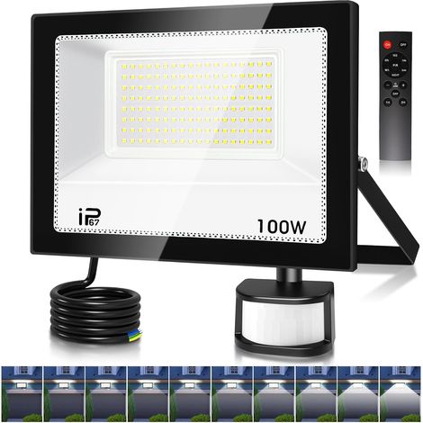 Projecteur Led Exterieur Detecteur de Mouvement et Télécommande 100W, 10000LM 7000K Spot LED Extérieur,Réglables 10 luminosité Eclairage Exterieur Blanc Froid Étanche IP67 pour Garage Jardin-Noir (1/5)