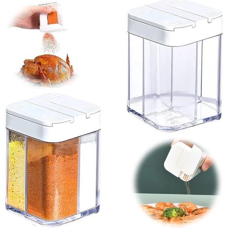 Salero de 2 piezas, 4 en 1, tarros de especias transparentes, ABS + PS, 6x6x8 cm, camping, especiero, viajes, barbacoa, blanco (1/5)