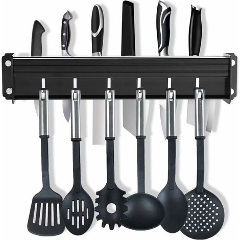 SHINING HOUSE Portacuchillos, portautensilios de cocina con 6 ganchos, rejilla de cocina de aluminio, 40 cm (negro), (no incluye cuchillos, cucharas, etc.) (1/5)