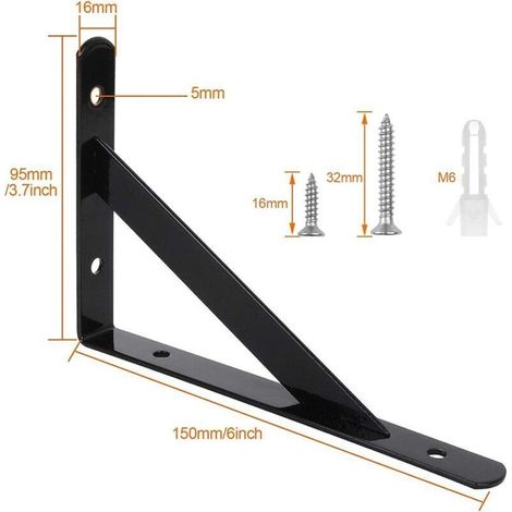 Supports d'étagère murale, 10 supports triangulaires en acier à 90 degrés, supports d'étagère de 150 mm x 95 mm, renforts d'angle avec 50 vis et 20 chevilles (noir) (1/3)