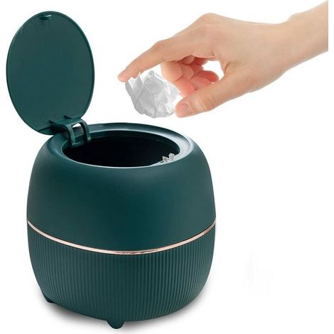 Mini poubelle de bureau ronde avec couvercle, en plastique, pour la maison, la cuisine, la salle de bain, le bureau (vert)une pièce, (1/5)
