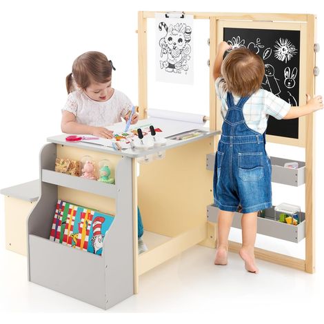 GOPLUS Table Enfant 3 Ans+ avec Chaise et Tableau Blanc Noir Réglable + Rangement-Rouleaux de Papier Interchangeables Gris (1/5)
