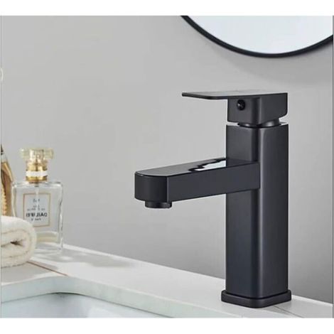 TAISHENGDA-Robinet de salle de bain noir carré à profil bas avec tuyau d'arrivée de 60 cm Robinet de lavabo Robinet d'eau chaude et froide à bec large de style européen (1/2)
