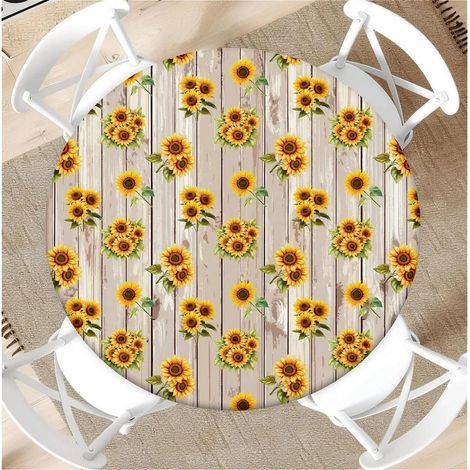 Nappe d'extérieur 90cm Ronde avec élastique, résistante aux intempéries, motif tournesol