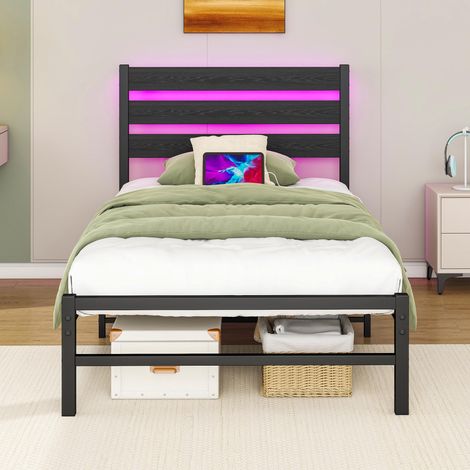 Cadre de lit 90x200cm avec tête de lit, structure métallique avec station de chargement USB, éclairage LED, support robuste en acier, rangement sous le lit, sans sommier, silencieux, montage facile (1/5)