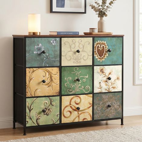 Cassettiera contenitore, 100x30x86.5 cm, 9 cassetti in tessuto, struttura in metallo, piano in legno, stile vintage, multicolore (1/5)