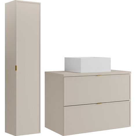 Mobile bagno sospeso con lavabo da appoggio quadrato e colonna Beige 80 cm - ONDIL