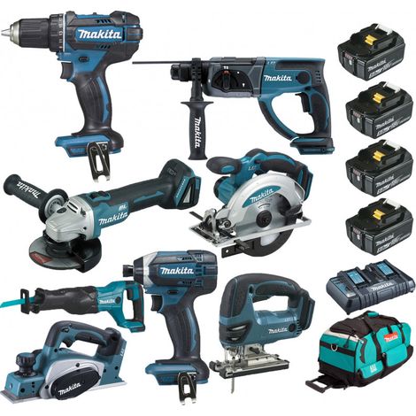 Pack Makita 8 machines 18V 5Ah: DDF482 + DTD152 + DGA504 + DHR202 + DJR186 + DJV180 + DSS610 + DKP180 + 4 batteries + sac