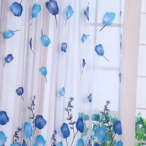 Voile de balcon bleu 100x200cm, rideau en tulle imprimé tulipes, voilage décoratif pour fenêtre, draperie légère et élégante (1/5)
