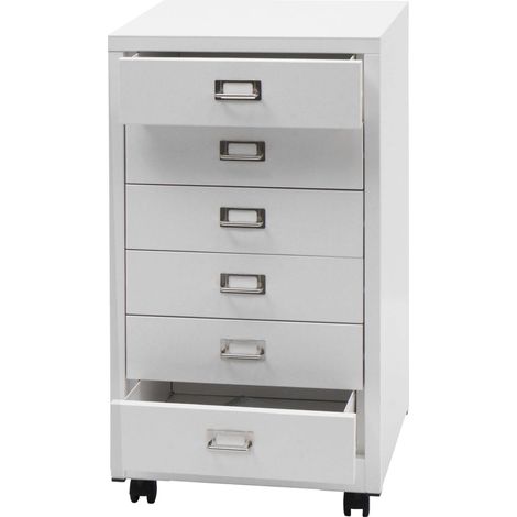 Caisson à roulettes HWC-L49 - armoire à tiroirs en acier Armoire à dossiers - métal 75x40x41cm 6 tiroirs - blanc (1/5)