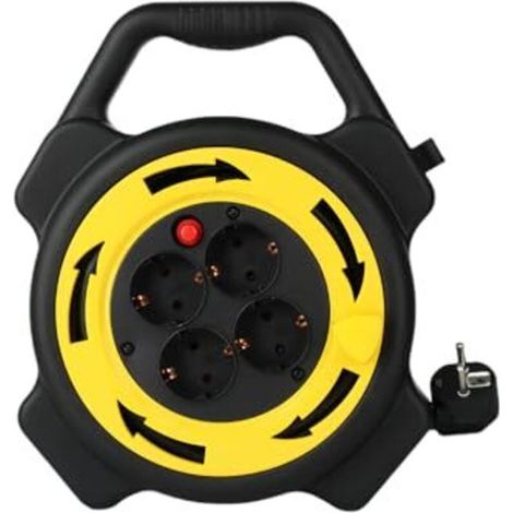 Rallonge de 10 m avec 4 prises Schuko, enrouleur de câble 3000 W, 16 A, protection contre les surcharges et la surchauffe, câble H05VV-F de 1,5 mm², avec interrupteurs, portable, noire et jaune