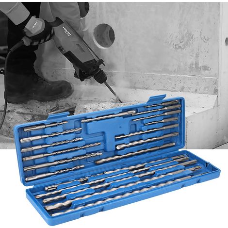 Coffret de 20 forets et burins SDS pour marteau perforateur, avec boîte à outils bleue. (1/5)