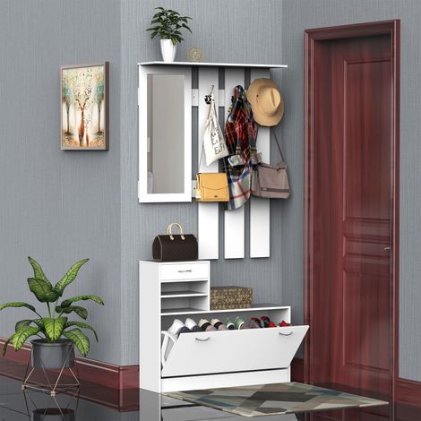 Ensemble de meubles d'entrée modernes avec étagère à chaussures et miroir. Porte-manteau à 6 crochets. 2 étagères réglables et tiroirs en bois pour l'entrée. 90 x 24 x 166 cm. Blanc.