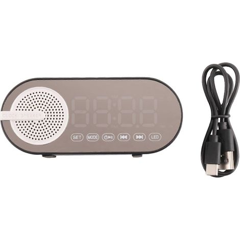 Enceinte Bluetooth portable avec horloge numérique, veilleuse colorée, double réveil, caisson de basses miroir, noire. (1/5)